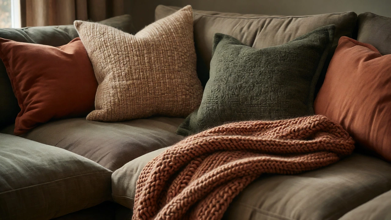 Earthy toned cushions in terracotta and olive on a sectional with a chunky knit throw.