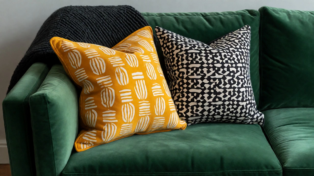 Emerald green sofa styled with mustard yellow, geometric, and charcoal textured pillows.