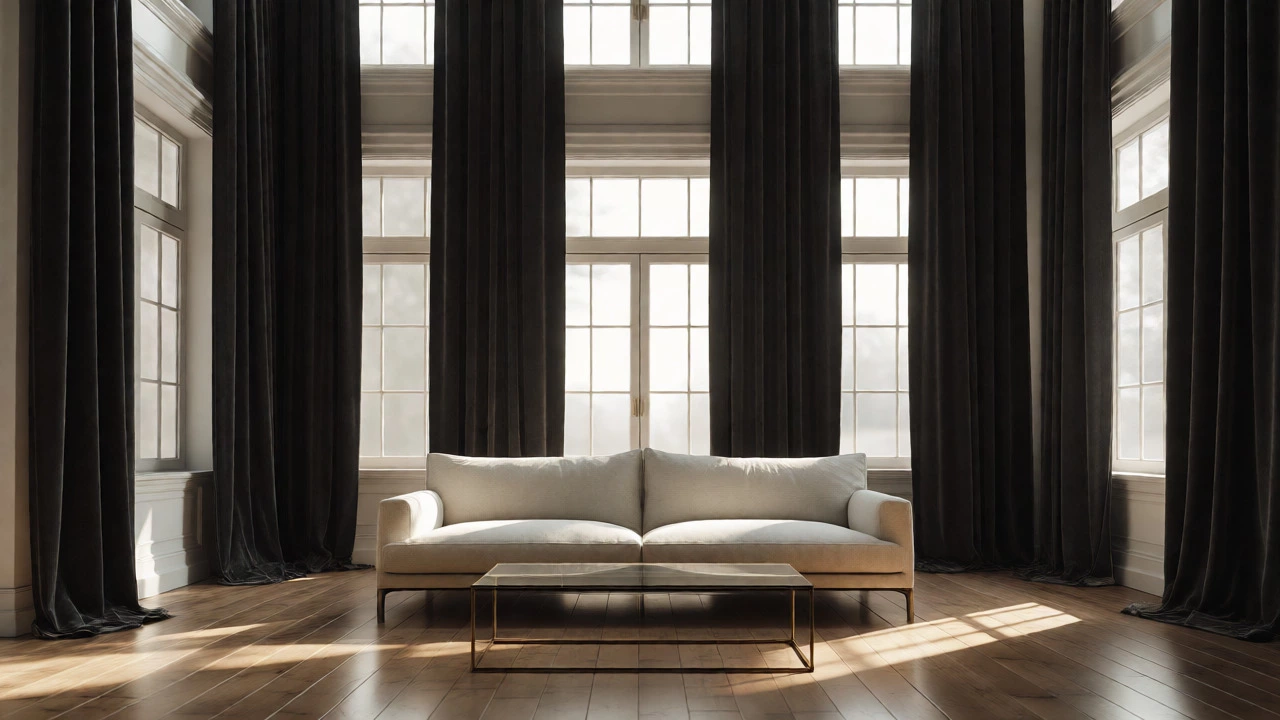 Light beige sofa contrasting with dramatic dark charcoal velvet drapes in a bright room