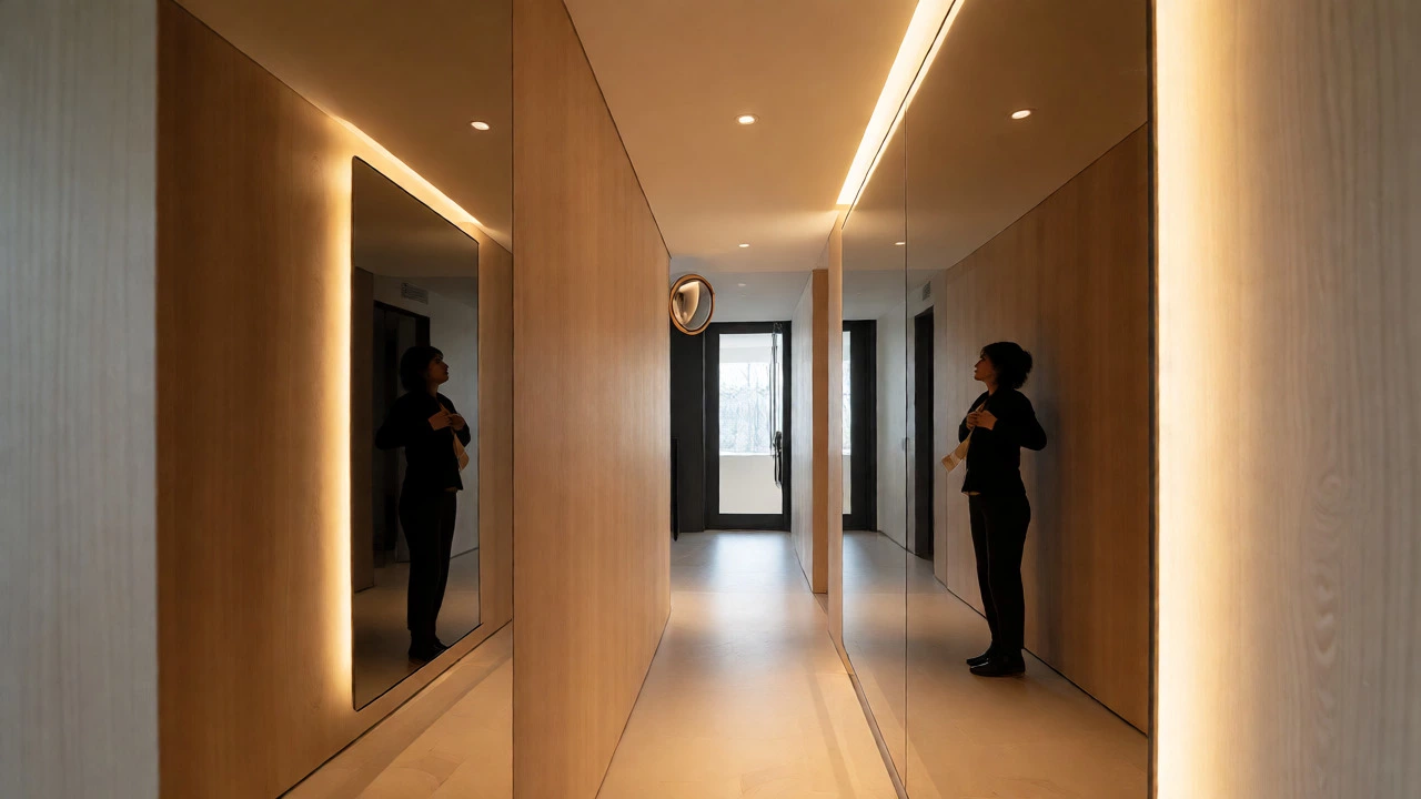 Modern hallway with a large plane mirror expanding space and a convex safety mirror at the corner.