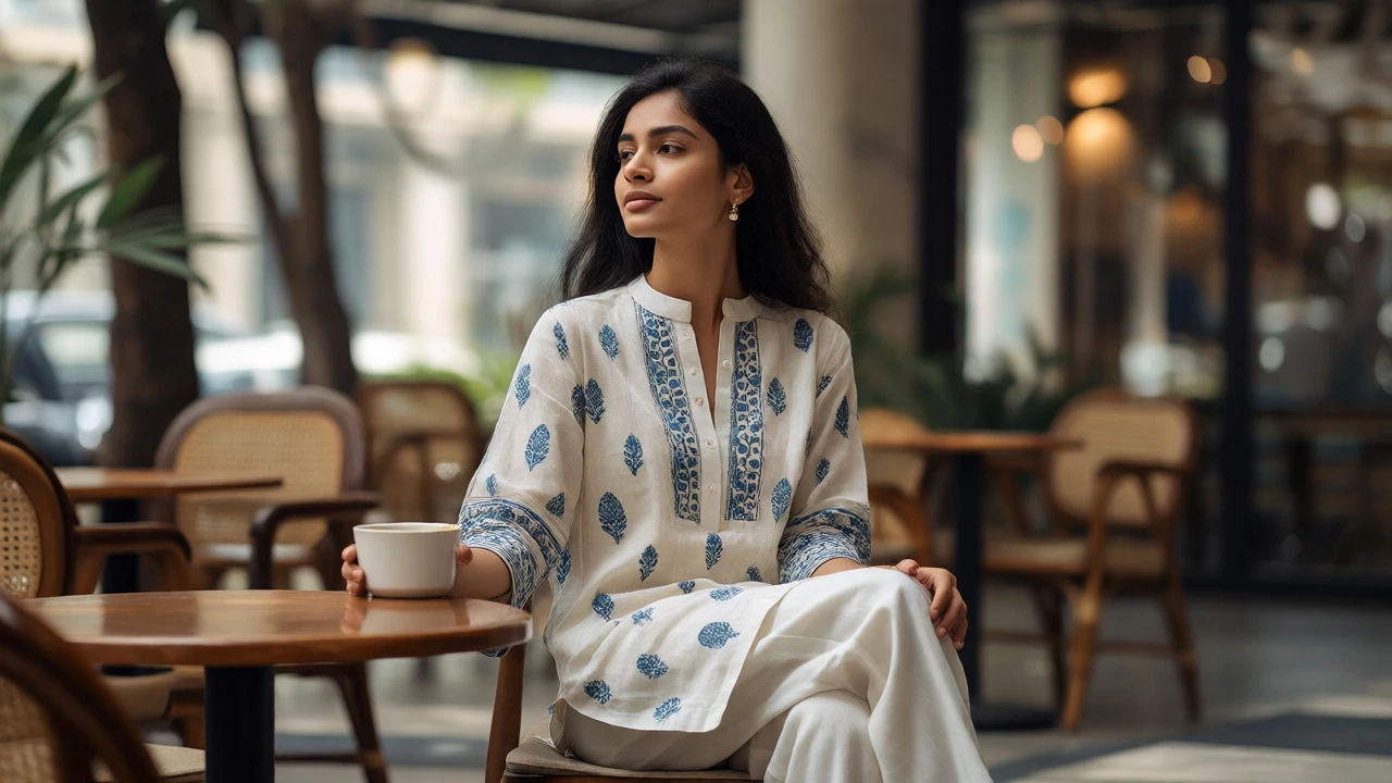 Woman in ethnic contemporary linen kurta in a modern cafe